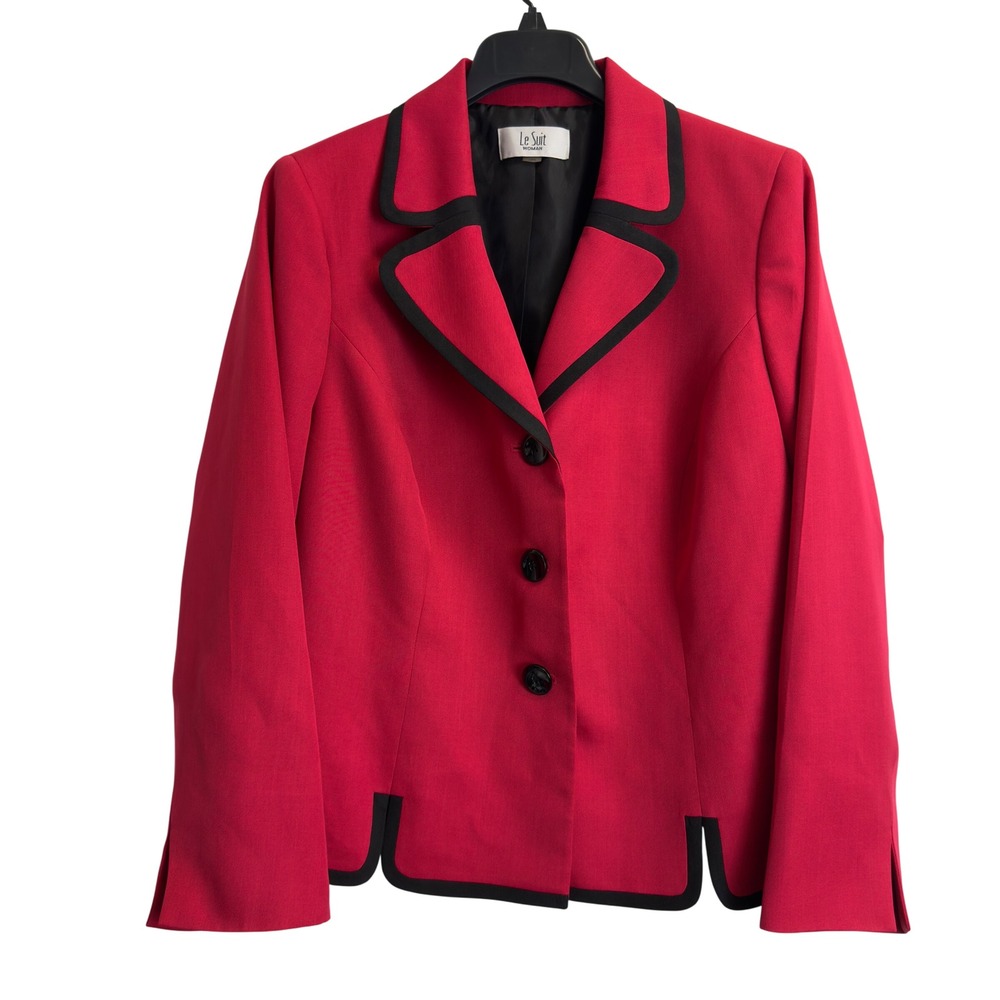 Le Suit Woman Red Blazer Black Contrast Trim 3 Button Jacket Plus Size 14W